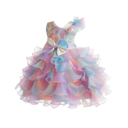 Party Dresses For Girls Rainbow Ruffle Big Bow Layered Sequin Princess Dress For Kids Wedding Birthday Party Pageant Formal Gown