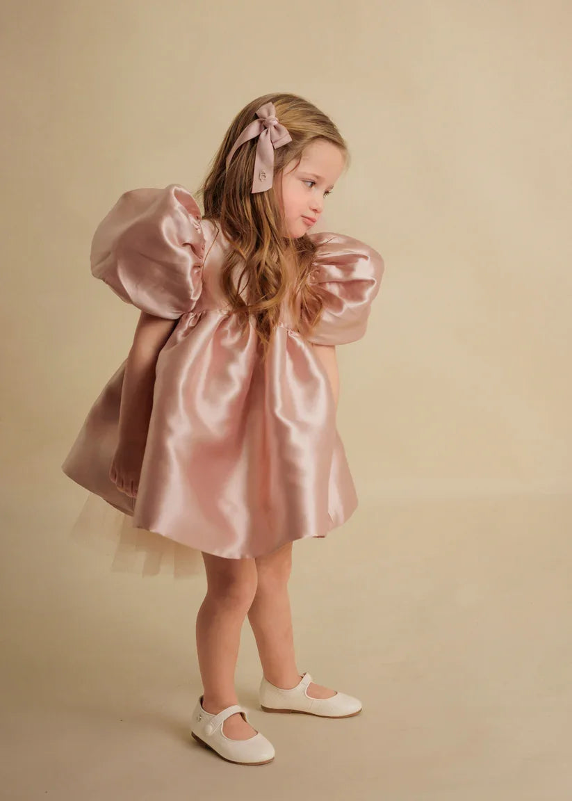 Girls Party Dresses Pink Satin 2025 Flower Girl Dress Bow Puff Sleeve Prom Baptism First Birthday Official Events
