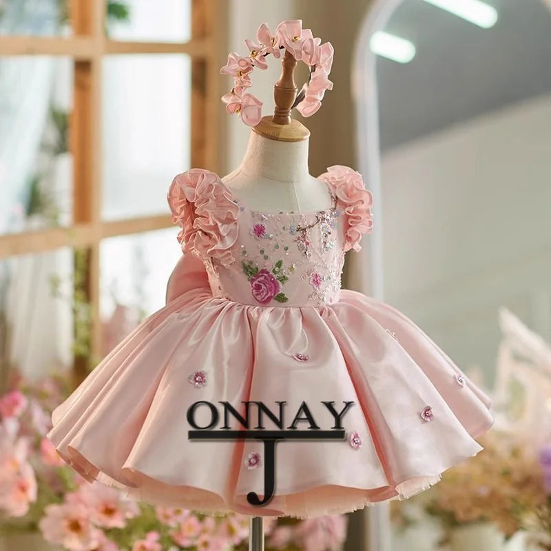 Customized Pink Cute Flower Girl Dress for Girls Wedding Party Gown Pageant Communion Robe De Demoiselle for Girls
