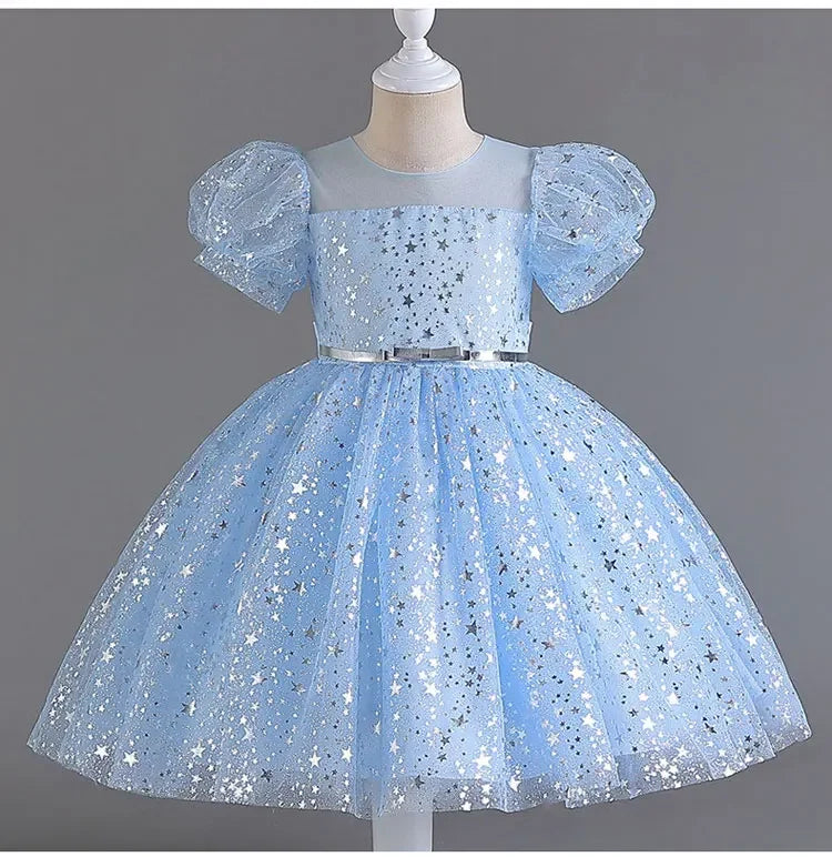 Summer Girls Dresses for Party and Wedding Lace Mesh Short Sleeve Girls Sequin Dress Fashion Girls Party Dress 4-10 Years