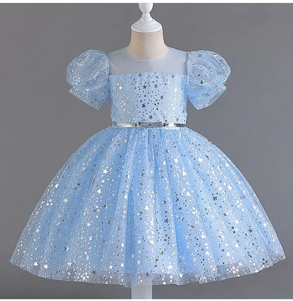 Summer Girls Dresses for Party and Wedding Lace Mesh Short Sleeve Girls Sequin Dress Fashion Girls Party Dress 4-10 Years