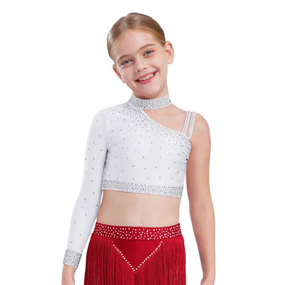 Girls Modern Dance Dress 2 Piece One-shoulder Sleeve Rhinestone Crop Top And Feather Skirts Sets Dance for Stage Performance