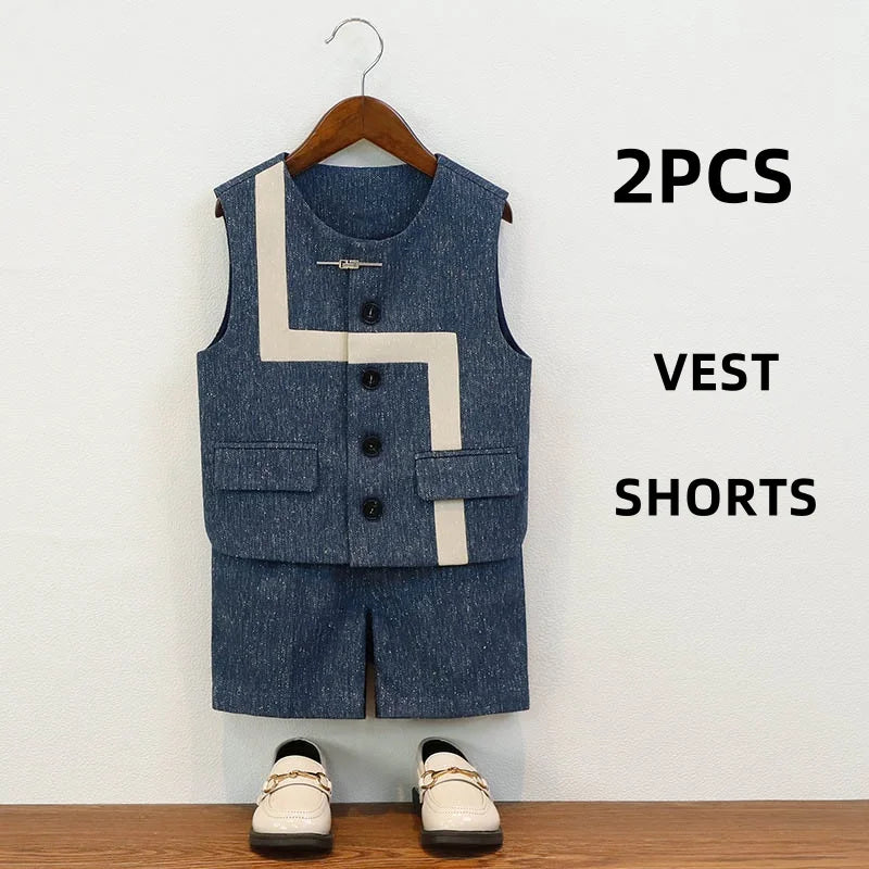 Summer Children Boys Suit Set Stylish Flower 1-10Y Boys Formal Wedding Suit Outfit Spliced Kids Baby Boys Vest Shirt Shorts Suit