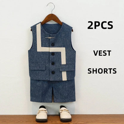 Summer Children Boys Suit Set Stylish Flower 1-10Y Boys Formal Wedding Suit Outfit Spliced Kids Baby Boys Vest Shirt Shorts Suit