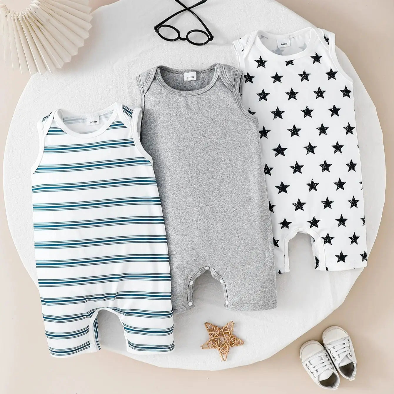Baby Boy Summer Sleeveless Three-Piece Romper Set Infant Boys Outfit Collection Multi-piece Bodysuit Collection for Summer