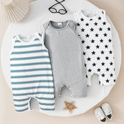 Baby Boy Summer Sleeveless Three-Piece Romper Set Infant Boys Outfit Collection Multi-piece Bodysuit Collection for Summer