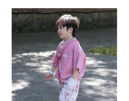 Boys Set Summer Outfit 2025 New Cute Pink T-shirt+ Floral Long Pants Children's Short Sleeved Handsome Pants Two-piece Set