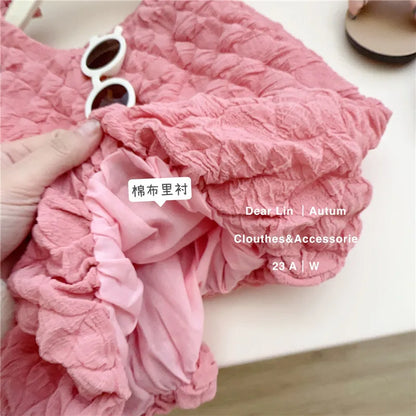 New Summer Kids Dresses for Girls Pure Color All-match Lace Girls  Short-sleeved Dress Baby Princess Dress Girls Clothes