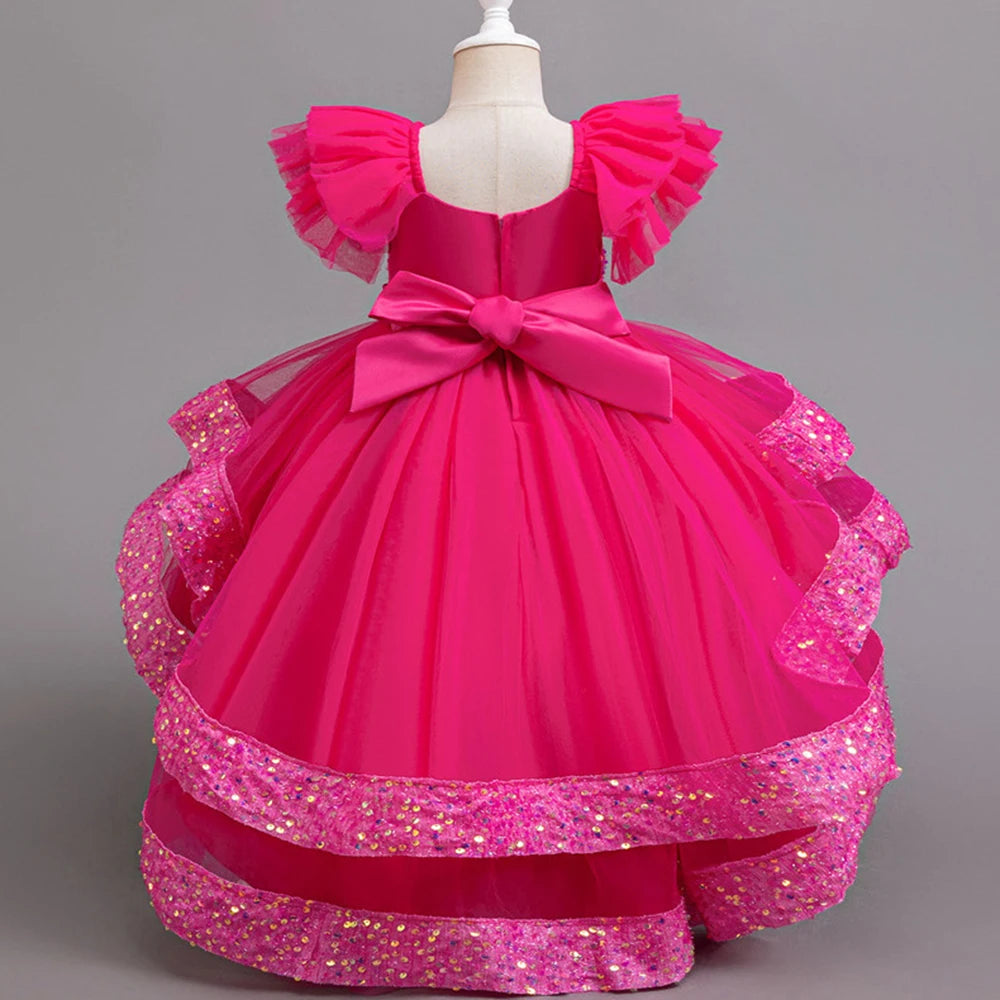 Girls Party Dresses Elegant Tulle Layered Children Long Evening Prom Gown Sequins Puffy Festive Dress for Girl