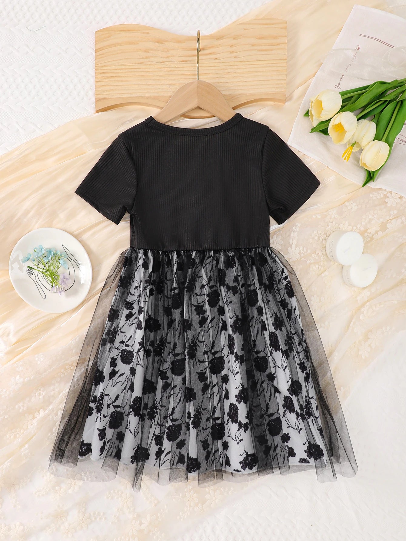 New Summer Outdoor Dress For Girls: Children's Black Striped Top Flower-Printed Mesh Long Dress