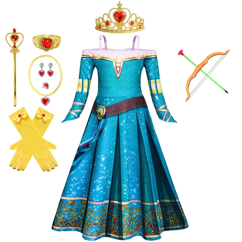 New Cartoon Movie Girls Princess Merida Dress Halloween Brave Princess Costume Children Green Velvet Long Sleeve Vintage Clothes