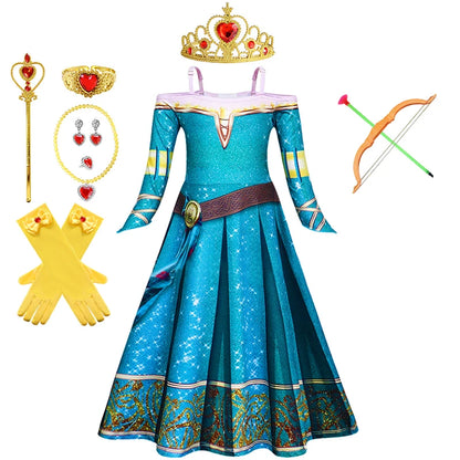 New Cartoon Movie Girls Princess Merida Dress Halloween Brave Princess Costume Children Green Velvet Long Sleeve Vintage Clothes