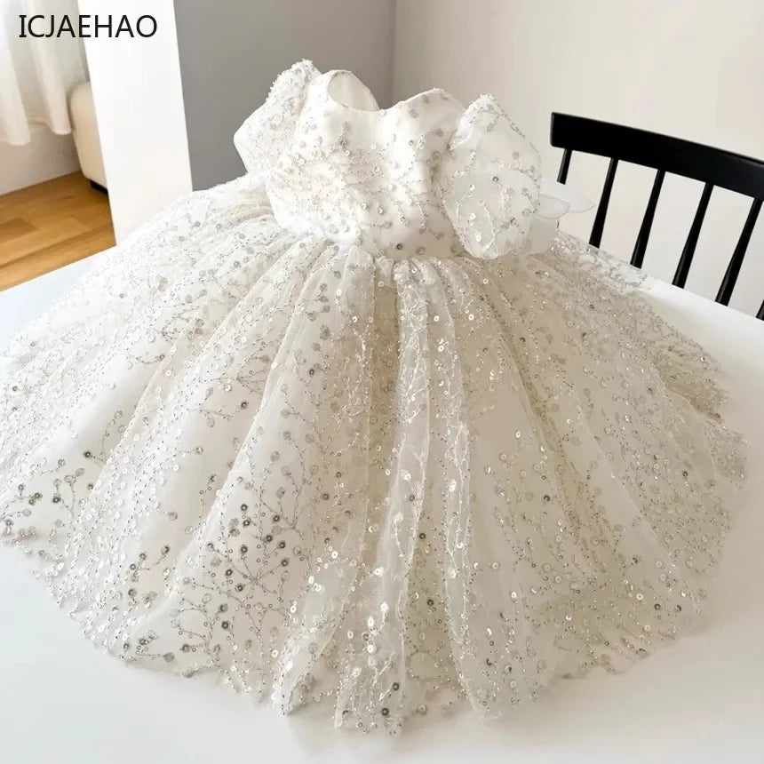 Girl's White Wedding Tutu Dress, Elegant Princess Dress for Flower Dresses Kids Vestidos Girl Birthday Party Princess Sequins