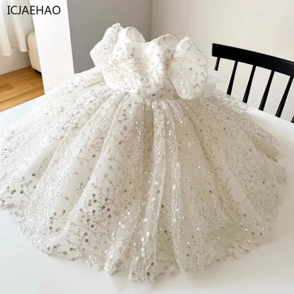 Girl's White Wedding Tutu Dress, Elegant Princess Dress for Flower Dresses Kids Vestidos Girl Birthday Party Princess Sequins