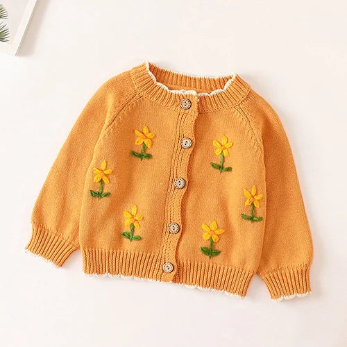 Winter Spring Baby Knitted Clothing Long Sleeved Floral Embroidery Knitting Coat Newborn Baby Girls Knitting Cardigan Sweater (Available)