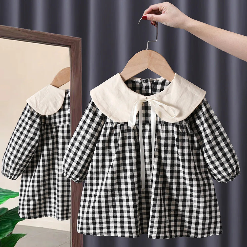 Girl's Sweet  Princess Dress Children Spring Autumn Baby Infants Bow Plaided Patchwork Party Dresses Vestidos Kids
