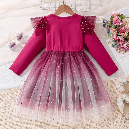 4-6-year-old girl's dress in spring and autumn is sweet and lovely, round neck and long sleeve stitching, star printing gauze he