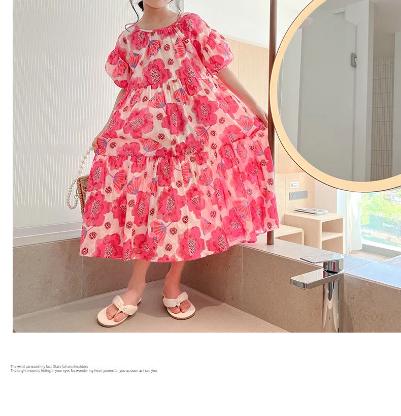 Girl's Large Flower Dress 2025 New Summer Children's Foreign-Style Loose Korean Version of the Older Girls Floral Lazy Skirt
