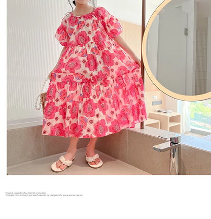 Girl's Large Flower Dress 2025 New Summer Children's Foreign-Style Loose Korean Version of the Older Girls Floral Lazy Skirt