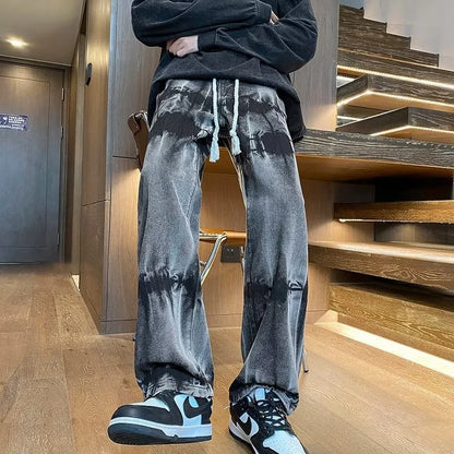 2025 New Tie Dye Retro Drawstring Jeans For Men Baggy High Street Straight Pants Hip Hop Fashion Casual y2k jean hombre pantalon