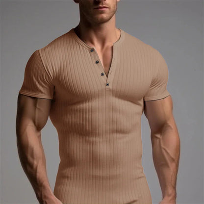 Summer Trend Men's Short Sleeve Casual T-Shirts Solid Henley Neck Button Up Pullover Tops Spring Turn Down Collar Basic Shirt (Available)