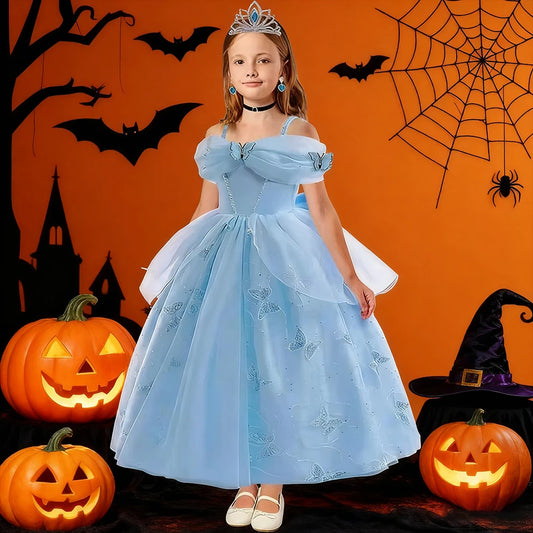 Children's Party Dresses For Girls Elegant Cinderella Princess Dress Kids Girl Butterfly Blue Evening Dress Sequin Prom Dress