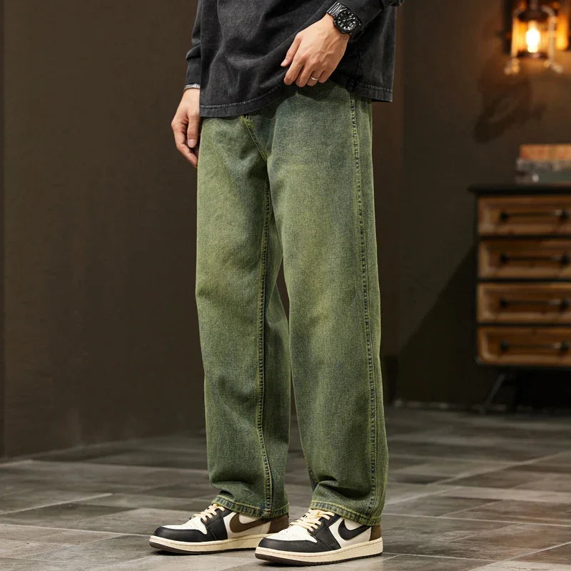 Jeans Men Baggy Pants Wide Leg Spring Straight Loose Fit Blue Green Denim Pants Streetwear Fashion Pockets Vintage Man Clothes