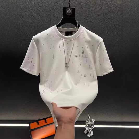 Spring New Heavy Work Light Luxury Custom Short Sleeve T-shirt Top Meteor Full Diamond T-shirt Round Neck Short Sleeve    (Available)
