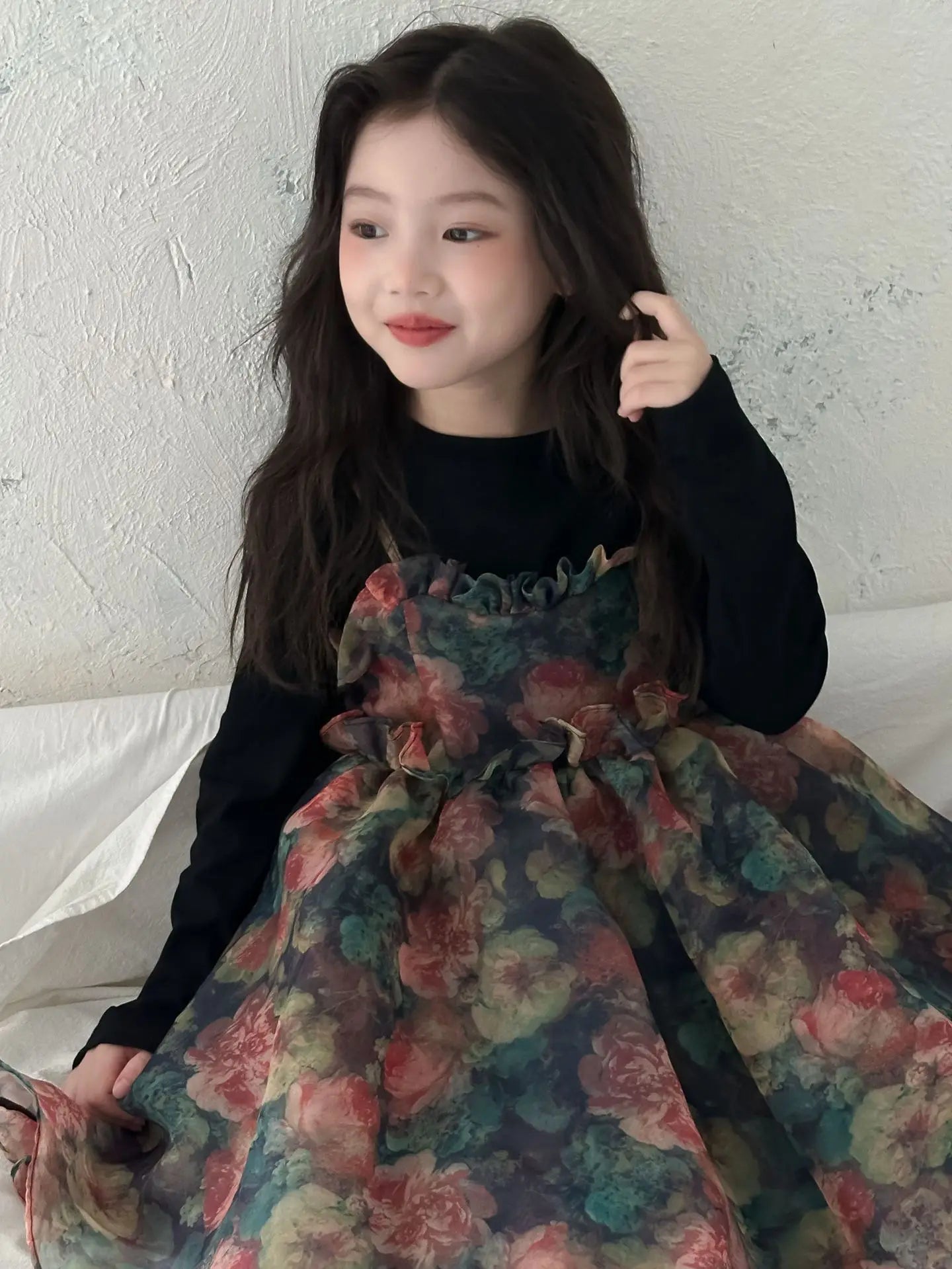 Girls Casual Dresses Autumn Girl Black T-shirt Camisole Flower Mesh Gauze Suit Princess Simple Printing Loose Beautiful 2024