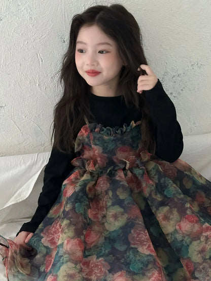 Girls Casual Dresses Autumn Girl Black T-shirt Camisole Flower Mesh Gauze Suit Princess Simple Printing Loose Beautiful 2024