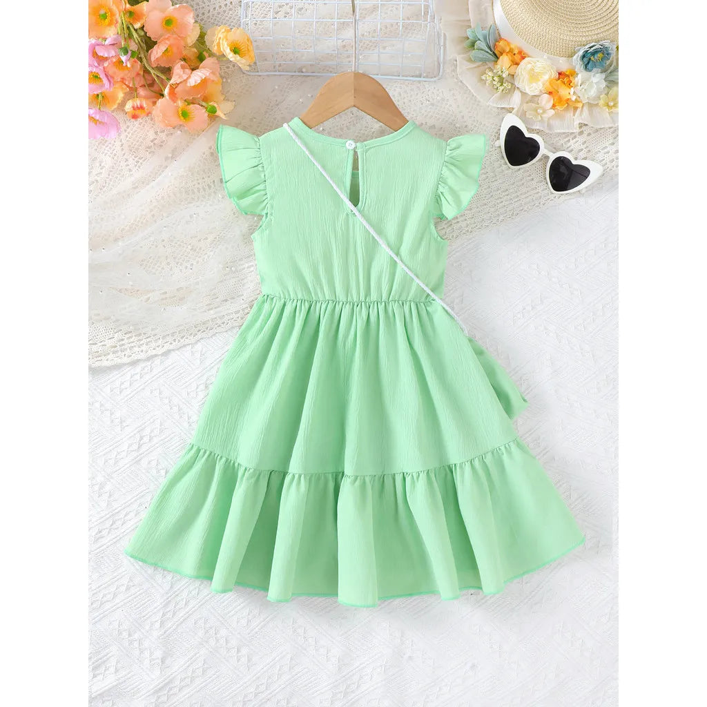 Summer Green Dress for Girls 1-6Years Sleeveless A-Line Children's Dresses with 3D Woolen Flower+Small Satchel Holiday Clothes