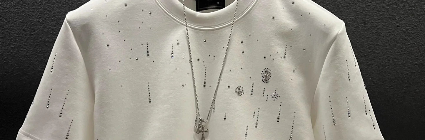 Spring New Heavy Work Light Luxury Custom Short Sleeve T-shirt Top Meteor Full Diamond T-shirt Round Neck Short Sleeve    (Available)