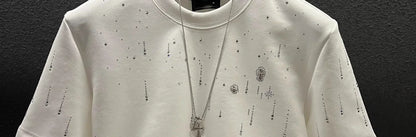Spring New Heavy Work Light Luxury Custom Short Sleeve T-shirt Top Meteor Full Diamond T-shirt Round Neck Short Sleeve    (Available)