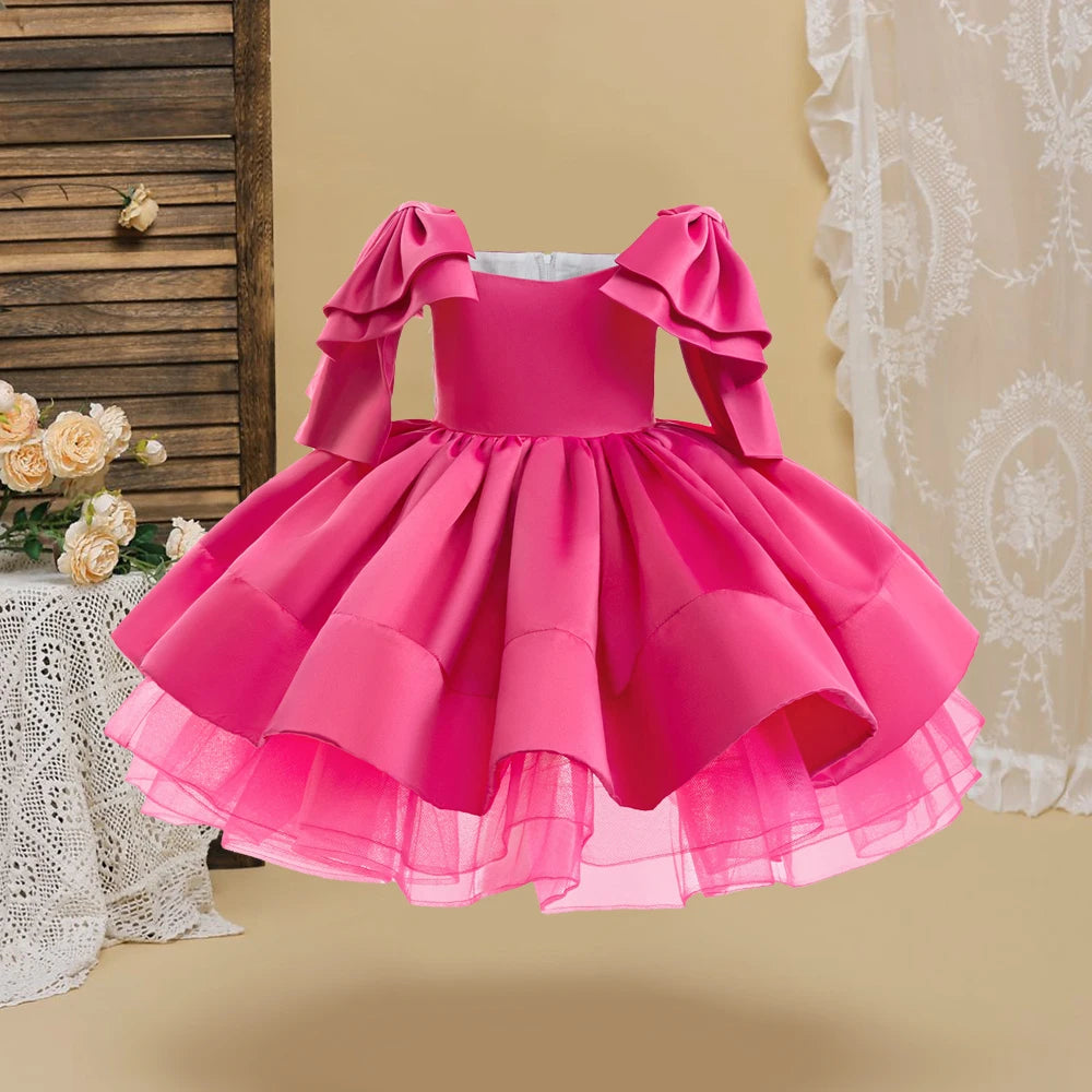 Fashion Big Bow Girls Party Dress Formal Pink Wedding Bridesmaid Birthday Princess Dresess for Girl Gala Christmas Kids Clothes