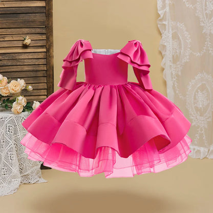 Fashion Big Bow Girls Party Dress Formal Pink Wedding Bridesmaid Birthday Princess Dresess for Girl Gala Christmas Kids Clothes