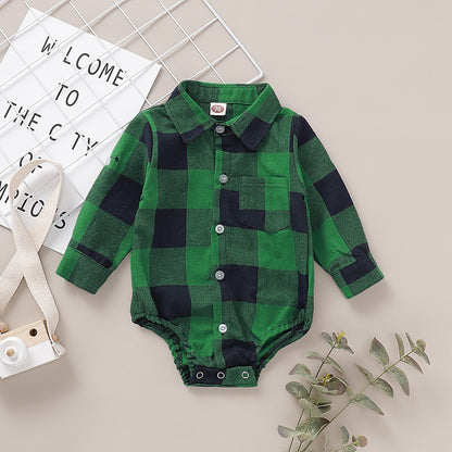 Newborn Baby Boy Bodysuit Plaid Print Long Sleeve Turn Down Collar Gentleman Shirt Jumpsuit Spring&Autumn Romper for 0-18Months
