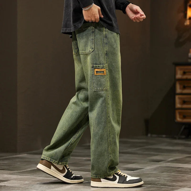Jeans Men Baggy Pants Wide Leg Spring Straight Loose Fit Blue Green Denim Pants Streetwear Fashion Pockets Vintage Man Clothes