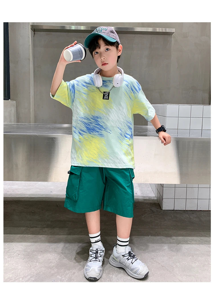 Summer  Boys Shorts Short Sleeve Shorts Handsome High Quality Leisure Sports Simple Two-piece Set.4-16year