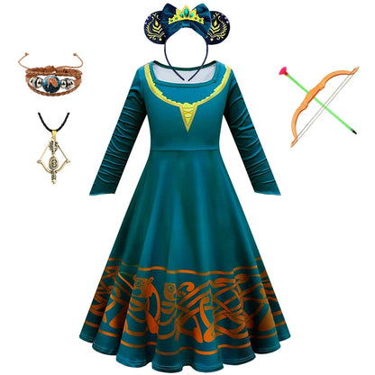 New Cartoon Movie Girls Princess Merida Dress Halloween Brave Princess Costume Children Green Velvet Long Sleeve Vintage Clothes