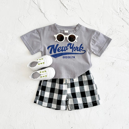 Newborn Boys Baby Clothing Set Girls Casual 2Pcs Letter Printed Short Sleeved T-shirt+Checkered Shorts infant Outfit 0-3Y