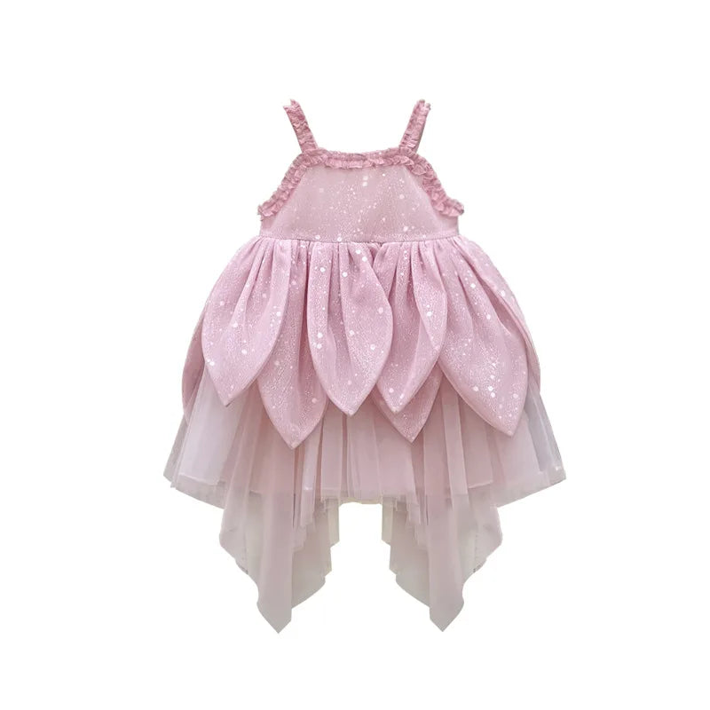 Flower Fairy Girl Dress Vest Sleeveless Shoulder Strap Suspender Princess Petal Skirt Magic Elves Halloween Dress