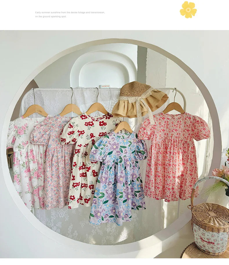 2025 Summer Kids Girls Dresses Short Sleeve A Line Girls Dresses Floral Print Pleated Dress For Girl