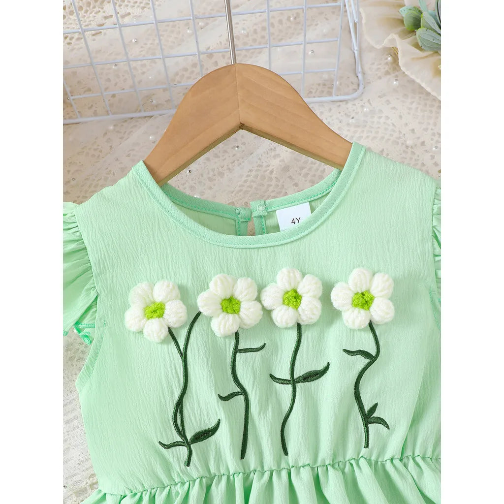 Summer Green Dress for Girls 1-6Years Sleeveless A-Line Children's Dresses with 3D Woolen Flower+Small Satchel Holiday Clothes
