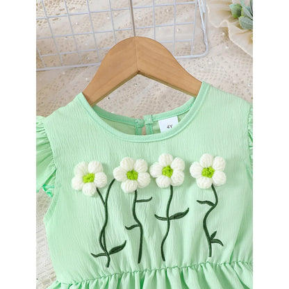 Summer Green Dress for Girls 1-6Years Sleeveless A-Line Children's Dresses with 3D Woolen Flower+Small Satchel Holiday Clothes