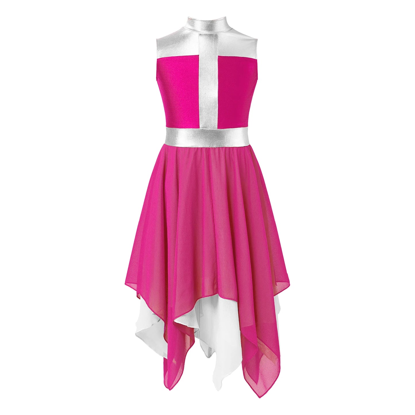 Girls Liturgical Worship Praise Dance Dress Contemporary Lyrical Dancewear Sleeveless Sequins Bodice Asymmetrical Tunic Dresses