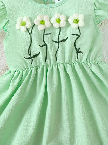 Summer Green Dress for Girls 1-6Years Sleeveless A-Line Children's Dresses with 3D Woolen Flower+Small Satchel Holiday Clothes