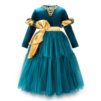 New Cartoon Movie Girls Princess Merida Dress Halloween Brave Princess Costume Children Green Velvet Long Sleeve Vintage Clothes