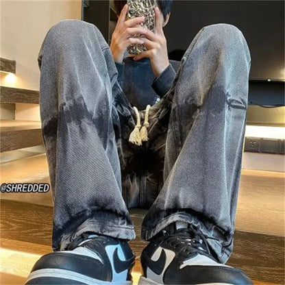 2025 New Tie Dye Retro Drawstring Jeans For Men Baggy High Street Straight Pants Hip Hop Fashion Casual y2k jean hombre pantalon