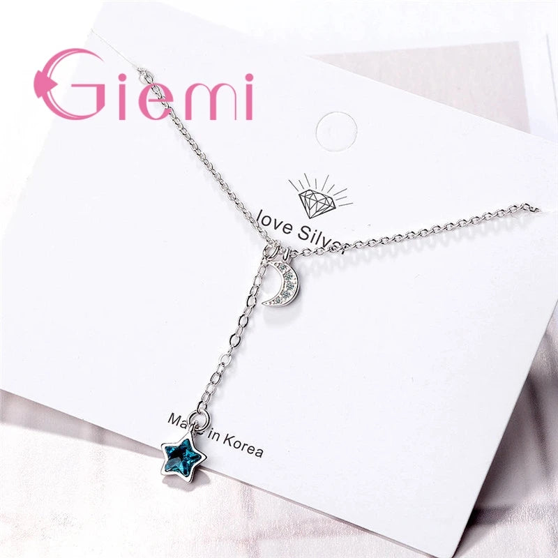 Fashion Romantic Casual Jewelry For Women Girl 925 Sterling Silver Chain Blue Star Shape Crystal Moon Wedding Birthday Accessori