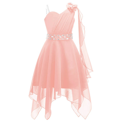Summer Girls Festive Dress Hi-Lo Tulle Sleeveless Shiny Beaded Dress Flower Kids Wedding Pageant Clothing Evening Communion Gow